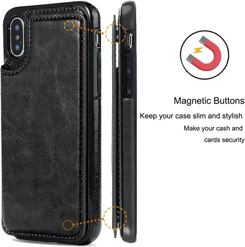 Vista 4 de Funda tipo cartera compatible con iPhone X/XS, funda protectora delgada con tarjetero y ranuras para tarjetas de piel sintética de alta calidad