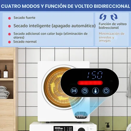 Vista 3 de HOMCOM Secadora de ropa portátil, secadora de ropa compacta con tambor de acero inoxidable de 1.5 pies cúbicos, secado inteligente, secadora