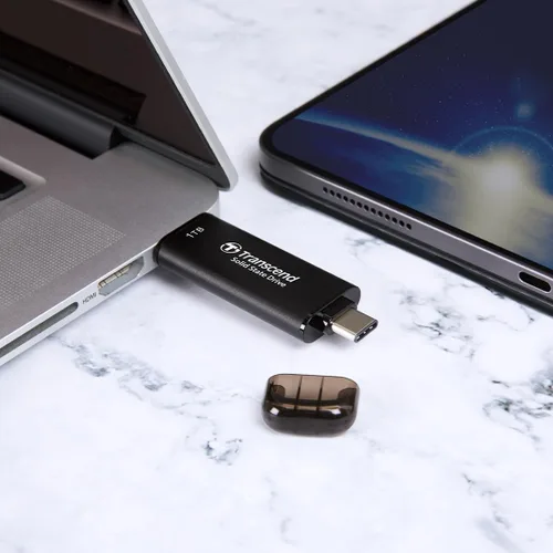 Vista 9 de Transcend ESD310 SSD externo de 128 GB, hasta 1,050 MB/s, unidad flash USB dual para iPhone/iPad/Mac/Windows, Android/Tablet/PC, USB 3.2 Gen 2 Thumb