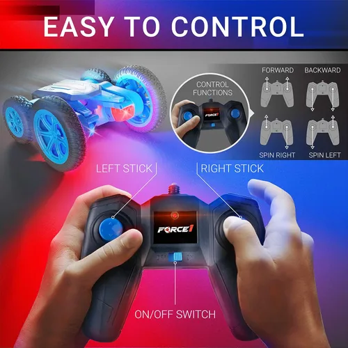 Vista 3 de Force1 Tornado Blue - Auto de control remoto con LED para niños - Conducción de doble cara, autos RC rápidos con giros de 360°, auto RC todoterreno