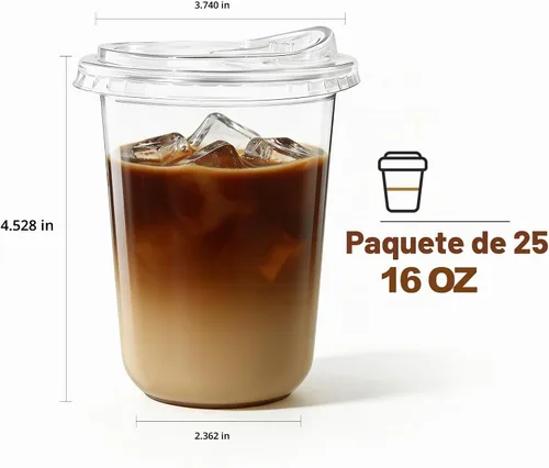 Vista 2 de Paquete de 25 vasos de plástico transparente de 16 onzas con tapas, desechables de grado alimenticio, para batidos, batidos y fiestas