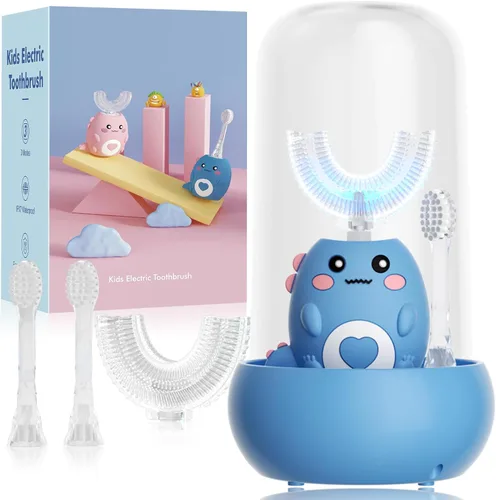 Vista 12 de Cepillo de dientes eléctrico en forma de U para niños, con 3 modos de limpieza, con 4 cabezales de cepillo, cepillo de dientes automático sónico