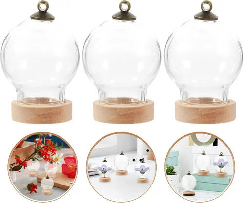 Vista 9 de HOMSFOU Retro Decor 3 piezas de cristal Cloche Bell Jar Display Dome con base de madera, mini botellas de vidrio, cúpula transparente, vitrina