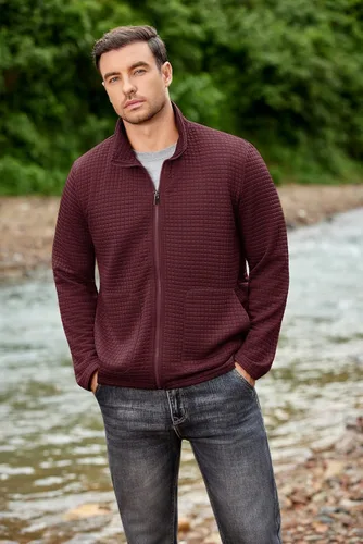 Vista 4 de COOFANDY Chaqueta Varsity Ligera para Hombre Chaquetas Bomber Casuales Sudaderas Waffle con Cremallera y Bolsillo