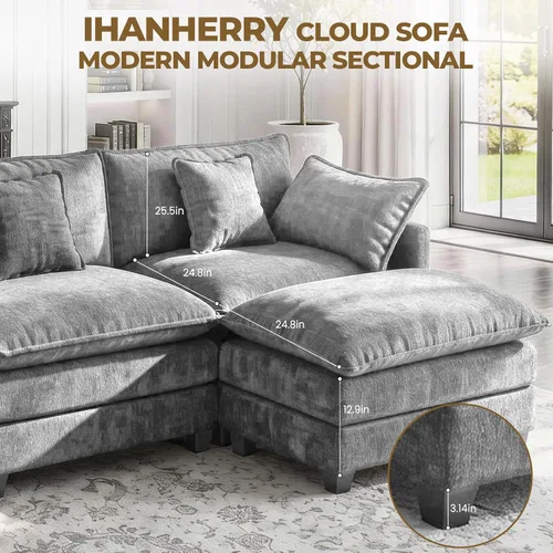 Vista 7 de LEVELEVE Sofá modular en forma de L de 112 pulgadas con 1 otomana, cama convertible de nube de asiento profundo, 3 cojines de 2 brazos, muebles Gris