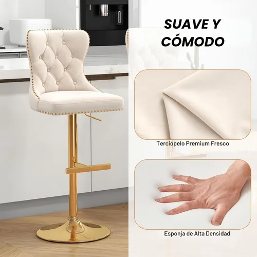 Vista 4 de Juego de 2 taburetes de bar giratorios de terciopelo con respaldo copetudo y base dorada, beige Adjustable Counter Height Barstools with Soft