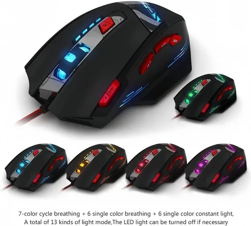 Vista 3 de zelotes Ratón para juegos T90 9200 DPI, 8 botones programables, multimodo, luces LED, mouse USB para juegos, ajuste de peso para laptop, computadora
