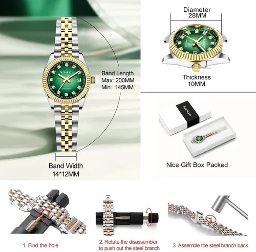Vista 7 de Reloj clásico para mujer con banda de acero inoxidable sólido, reloj de vestir para mujer, reloj con calendario