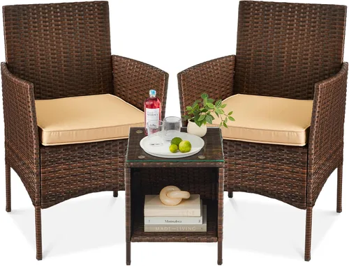 Vista 19 de Best Choice Products Juego de 3 piezas de mimbre para conversación al aire libre, muebles de patio que ahorran espacio para jardín con mesa