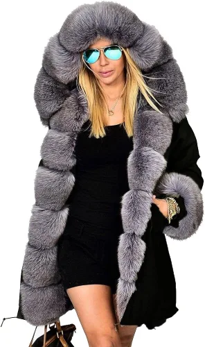 Vista 2 de Roiii Abrigos de invierno cálidos de camuflaje con capucha para mujer, chaqueta de piel sintética