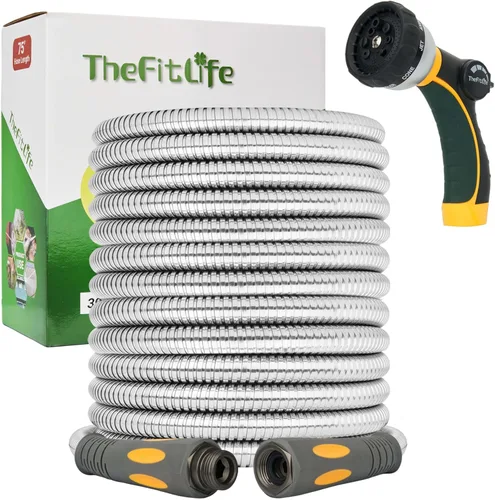 Vista 7 de TheFitLife Manguera de jardín de metal flexible, manguera de agua ligera de acero inoxidable de 25 pies con accesorios sólidos y boquilla rociadora