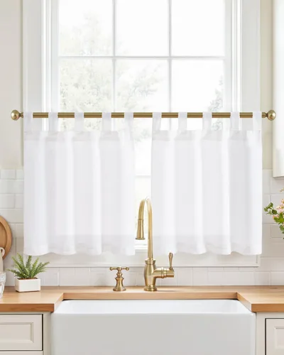 Vista 21 de Jinchan - Cortinas de cocina de lino rústico beige con bolsillo para barra, 26 x 36 pulgadas, 2 paneles