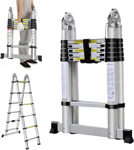Vista 14 de Escalera de aluminio - 1.63M/5.5FT de estructura en A, escalera extensible telescópica, portátil, multiusos, plegable, resistente, capacidad