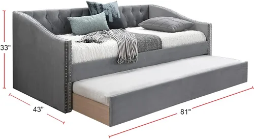 Vista 2 de Cama de día tapizada de terciopelo con ribete de clavos, color gris