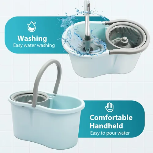 Vista 3 de Juego de trapeador giratorio y cubo con escurridor, juego de cubo giratorio operable de 360° con 3 cabezales de repuesto de microfibra, mango