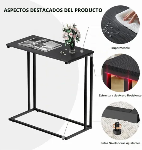 Vista 7 de Mesa auxiliar en forma de C, mesa auxiliar resistente con marco de metal Negro