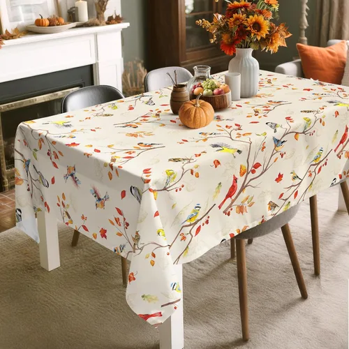 Vista 4 de Mantel rectangular de ramas de pájaros de otoño impermeable, mantel de hojas de arce resistente a las manchas, mantel lavable para decoración