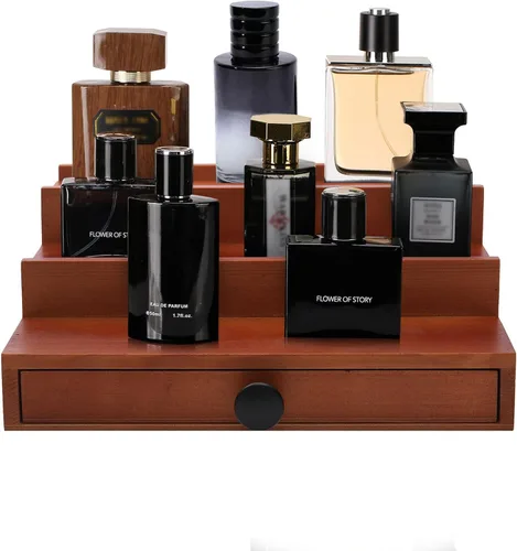 Vista 13 de 4 Tier Men's Cologne Organizer, Black Wooden Display Stand with Drawer Negro-4 niveles