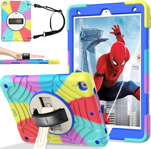 Vista 7 de BMOUO Funda para iPad de 9ª/8ª/7ª generación -10.2 pulgadas 2021/2020/2019 con protector de pantalla, soporte giratorio de 360º correa de mano