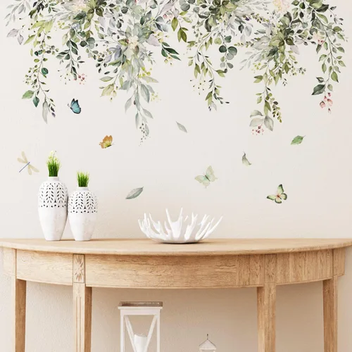 Vista 7 de Runtoo Calcomanías de pared de hojas de vid de eucalipto, plantas verdes, calcomanías de pared para sala de estar, dormitorio, guardería, decoración