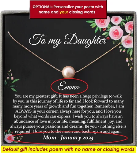 Vista 50 de Collar de hija relleno de oro de mamá o papá, collar clásico de perlas blancas con mensaje significativo, listo para regalar