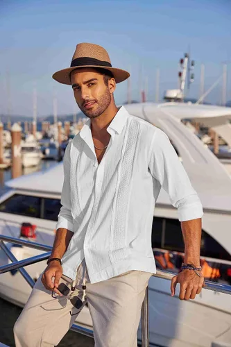 Vista 4 de COOFANDY Camisas de guayabera cubana para hombre, de manga larga, informal, con botones, de algodón, para la playa