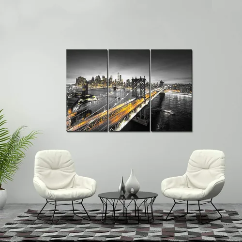 Vista 4 de SkenoArt 3 piezas de impresiones en lienzo con vista nocturna de Nueva York, imagen de paisaje urbano de Manhattan, arte de pared de puente