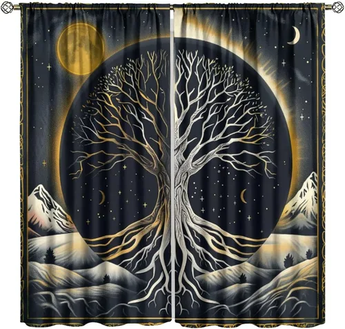 Vista 21 de Cortinas opacas con diseño de sol y luna, cuerpos celestes bohemios, con diseño de sol, luna y estrellas, para sala de estar, dormitorio, 42 x 45