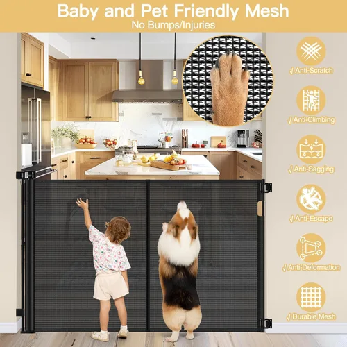 Vista 6 de Puerta Reforzada para Mascotas Extra Alta de 42" y Puerta Retráctil para Bebés de 55" de Ancho con Varillas de Soporte - Puerta Retráctil para Negro