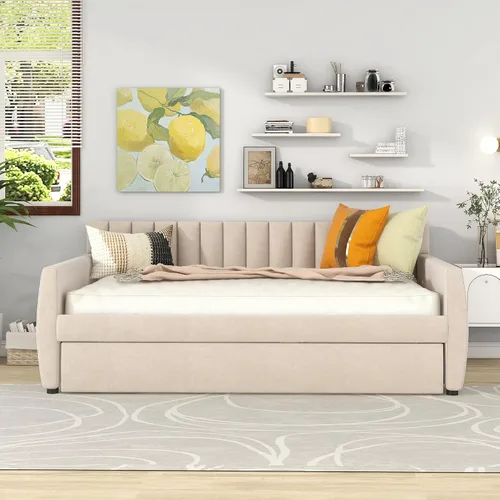 Vista 3 de Sofá cama tapizado de tamaño completo con nido y soporte de listones de madera, elegante sofá cama para sala de estar y dormitorio