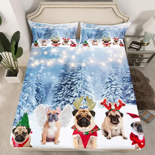 Vista 25 de Juego de sábanas con diseño de Papá Noel y muñeco de nieve para niños, niñas y niños, de temática navideña, juego de cama con diseño de árbol
