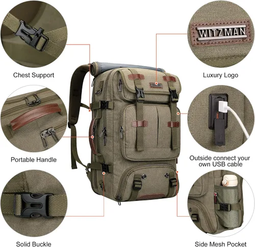 Vista 9 de WITZMAN Mochila de Viaje para Hombres 40L Grande Equipaje de Mano Aprobado por Aerolíneas Convertible 3 en 1 Bolsas para Laptop Caben 17 pulgadas