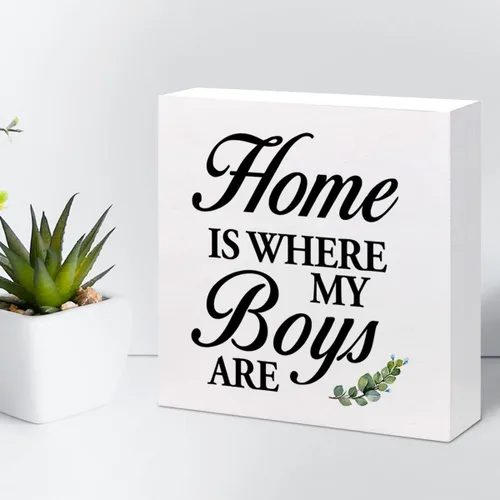 Vista 5 de Letrero de madera con texto en inglés «Home is Where My Boys Are », regalos para la nueva mamá, ideas divertidas para el día de la madre, con cita