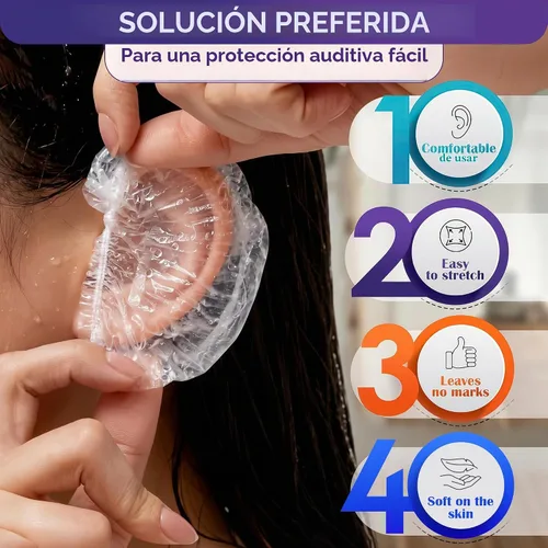 Vista 4 de 100 fundas desechables para los oídos para la ducha, tapas de plástico Cubiertas para los oídos para tinte para el cabello y color de salón, borde