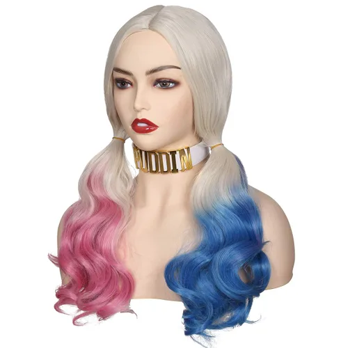 Vista 4 de ColorGround Peluca rubia con coletas azules y rosadas (peluca con collar de gargantilla)