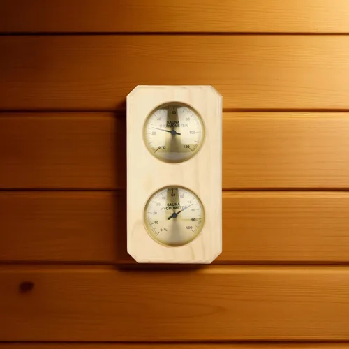 Vista 4 de Sauna Thermometer Hygrometer, Pine Wood Frame, Dual Dial, Vertical Design, Provides Accurate Reading