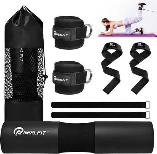 Vista 9 de NEALFIT Juego de almohadillas para pesas para sentadillas, estocadas y empujes de cadera, almohadilla protectora de cuello y hombro, barras Púrpura