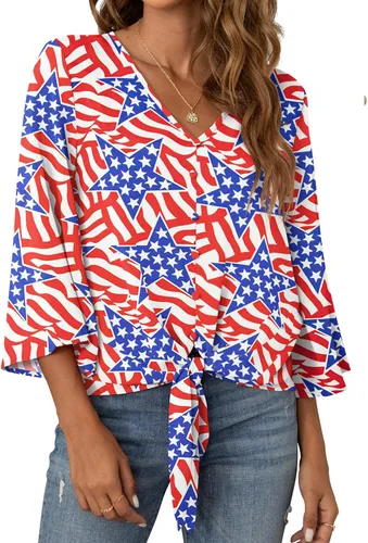 Vista 41 de VIISHOW Blusas de verano para mujer, con botones, cuello en V, de gasa, mangas acampanadas de 3/4, con nudo, casuales 01 Blanco