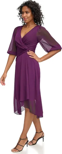 Vista 3 de DKNY Vestido cruzado de gasa con manga 34 para mujer