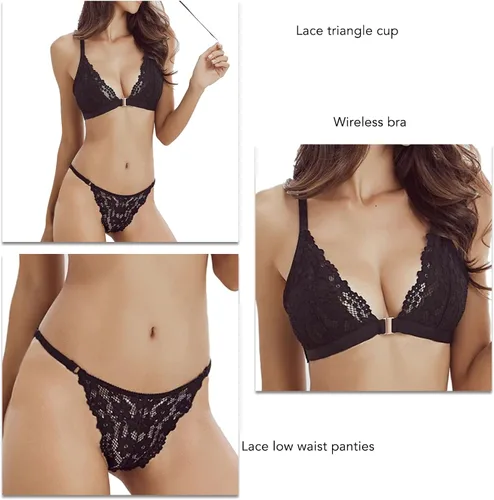 Vista 3 de Sujetador de encaje triangular para mujer, cintura baja, conjunto de lencería de dos piezas