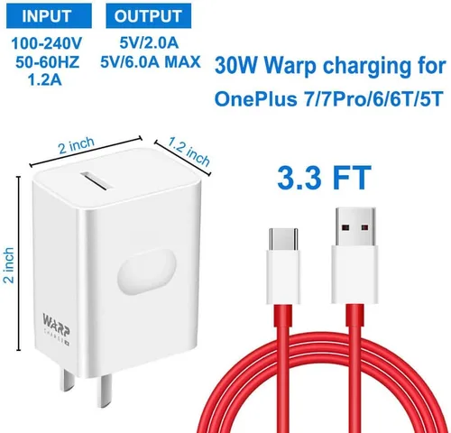Vista 2 de Cargador de urdimbre, adaptador de pared de CA de carga rápida rápida de 30 W con cable de datos de carga rápida USB-C de 3.3 pies [5 V 6A]