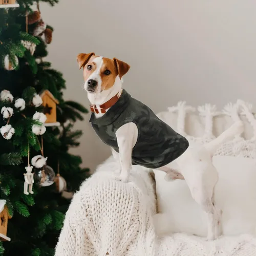 Vista 6 de 4 piezas de suéter para perro de tela de invierno con anillo de correa, suave chaleco de forro polar, ropa para perros, camuflaje a cuadros