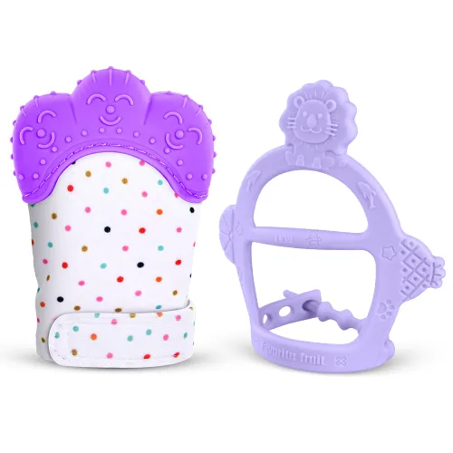 Vista 9 de Vicloon Guante de dentición de silicona, 2 piezas de guante de dentición para bebé con correa ajustable, sonido crujiente y texturado, juguetes