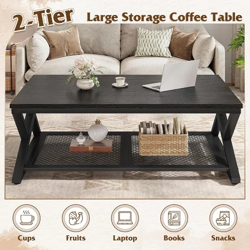 Vista 4 de EnHomee Mesa de Café con Almacenamiento, Mesas de Café Modernas para Sala de Estar con Estante de Malla, Mesa de Centro Rectangular de 2 Niveles