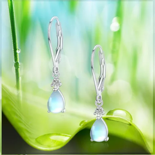 Vista 7 de Aretes de piedra lunar con cierre de palanca, turquesa, piedra lunar, circonita cúbica, piedra natal, aretes de palanca para mujer, aretes colgantes