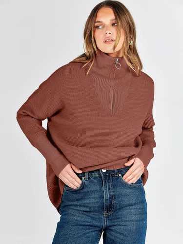 Vista 8 de ANRABESS Suéter de punto acanalado holgado de gran tamaño con cremallera de un cuarto para mujer, ropa de moda de otoño 2024