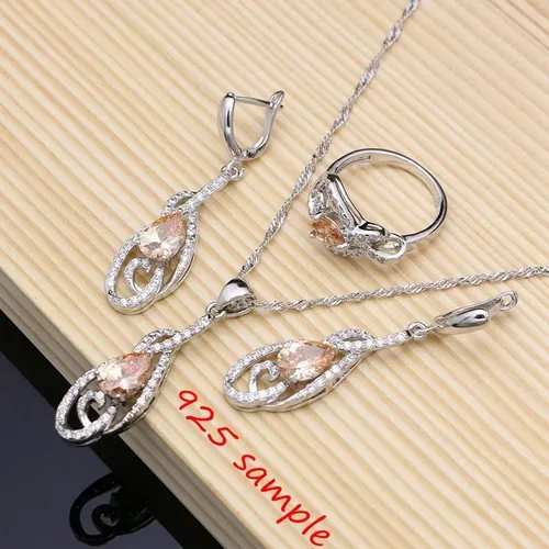 Vista 6 de Juego de joyas de boda para mujer, topacio champán, plata 925, aretes largosdijecollaranillopulsera de moda
