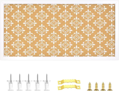 Vista 7 de Tablón de corcho decorativo largo para paredes, tablero de anuncios con estampado floral, tablero de visión con marco blanco para oficina, escuela
