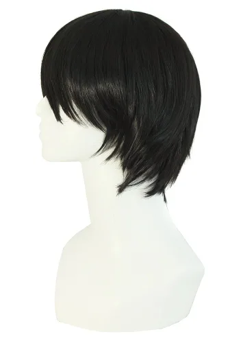 Vista 2 de MapofBeauty Peluca sintética corta recta con flequillo lateral para hombre (Negro)