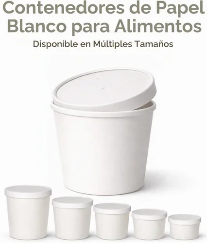 Vista 2 de Cuencos de sopa de papel kraft reciclables ecológicos Vasos desechables blancos con tapas Contenedor – Tazas de sopa ideales para restaurantes
